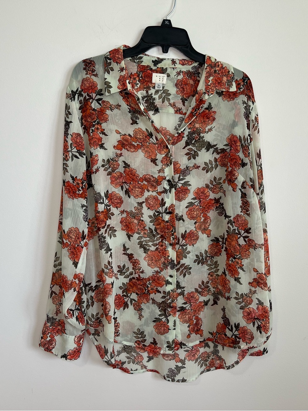 a new day Sheer Floral Button-Up Blouse in Rust and Olive